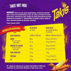 valor nutricional Takis Fuego Snaks Picantes 140gr