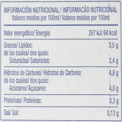 Valor energetico Leche monodosis entera Pascual de 13,6 ml. Bolsa de 10 unidades