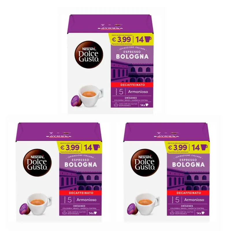 Espresso Descafeinado  Bologna 3 Cajas de 14 cápsulas de café Dolce Gusto Original