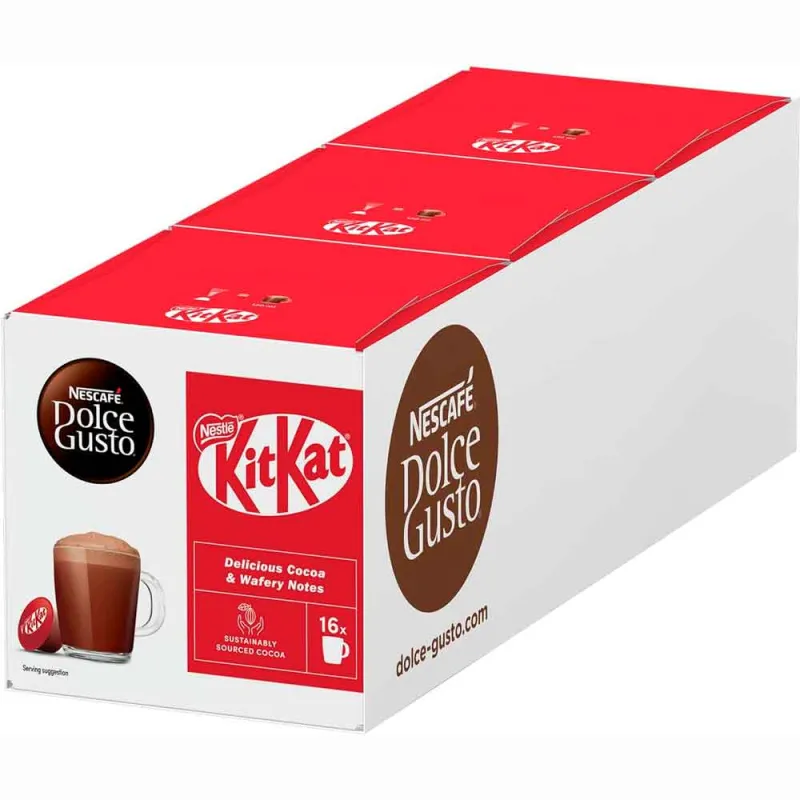 3 cajas de  KitKat 16 cápsulas de chocolate Dolce Gusto Original